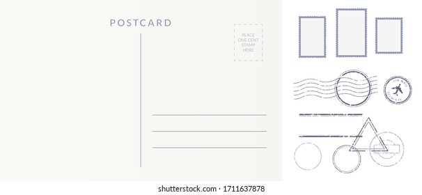 Postal elements set: empty postcard back, postage stamps and cancel marks imprints