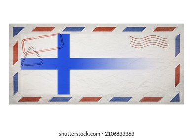 Postal Envelope. Envelope With The Image Flag Of Finland. Finnish Flag. Old Crumpled Envelope With Stamps. Copy Space. Blank Mock Up. Creative Template.