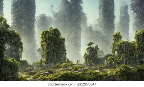 post  apocalyptic city  beautiful lush overgrown buildings  end civilization  3d rendering 