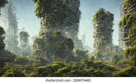post  apocalyptic city  dystopian overgrown buildings  3d rendering