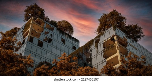 Post-apocalyptic Office Building Overgrown With Trees And Vegetation - The Concept Of The Apocalypse After The Outbreak Of Nuclear War - 3d Render
