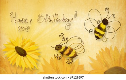 Happy Birthday Friend Sunflower Images Postcard Bees Sunflowers Wishing Happy Birthday Stock Illustration 67129897  | Shutterstock