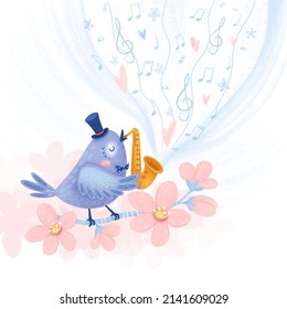 Postcard With A Cute Bird Playing The Saxaphone