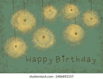 Postcard - Happy Birthday - lights and stars. The PSD file contains four layers. On separate layers there are watercolor spots, green background and gold stars with congratulation. Size 5000x7000 px