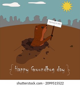 Postcard Happy Groundhog Day. Groundhog day. Spring prediction. The marmot crawled out of the hole. Illustration for Groundhog Day.