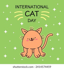 Postcard for the international cat day. International Cat Day greeting card.
Cute smiling ginger cat on a green background with stars. Vector illustration. - Powered by Shutterstock