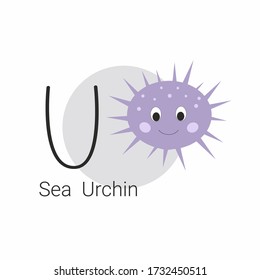 Postcards with animals for children's English alphabet. ABC of communication with animals. Sea urchin and a large English letter U. poster in the children's room. Games for children, coloring books - Powered by Shutterstock