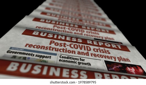 Post-COVID Crisis Reconstruction And Recovery Plan. End Of Recession, Economy And Business News After Covid Pandemic. Newspaper Print. Vintage Press Abstract Concept. Retro 3d Rendering Illustration.