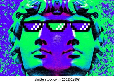 Poster with antique sculpture of male double face in game style. Modern creative concept image with ancient statue head in pixel glasses. Zine culture. Contemporary art. Funky punk unusual design.