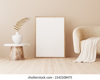 Poster art mockup with large vertical wooden frame standing on floor in minimalist living room interior with beige sofa, palm leaf decoration and warm neutral background. Illustration, 3d rendering