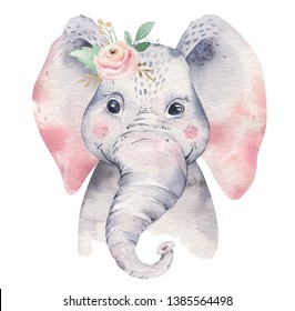 A Poster With A Baby Elephant. Watercolor Cartoon Elephant Tropical Animal Illustration. Jungle Exotic Summer Design