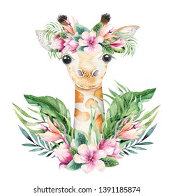 A Poster With A Baby Giraffe. Watercolor Cartoon Giraffetropical Animal Illustration. Jungle Exotic Summer Design