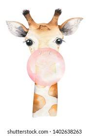 A Poster With A Baby Giraffe. Watercolor Cartoon Giraffetropical Animal Illustration. Jungle Exotic Summer Design