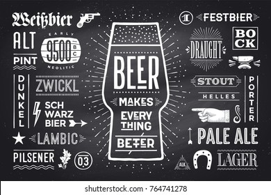 Poster or banner with text Beer Makes Everything Better and names types of beer. Black-white chalk graphic design on chalk board. Poster for menu, bar, pub, restaurant, beer theme. Illustration - Powered by Shutterstock