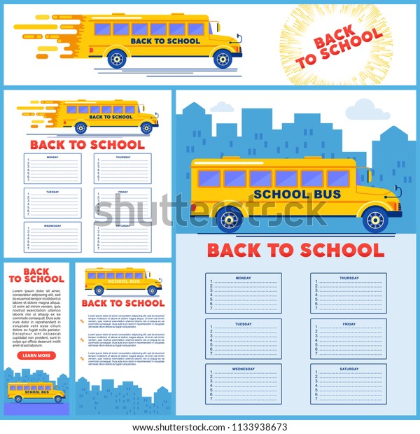 Poster and\
bannners templates with bright, modern yellow school bus for\
children, pupils and students between house and school, educational\
institution. Flat cartoon\
illustration.