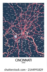 Poster Cincinnati - Ohio Map.Road Map. Illustration Of Cincinnati - Ohio Streets. Transportation Network. Printable Poster Format.