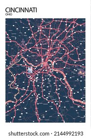 Poster Cincinnati - Ohio Map.Road Map. Illustration Of Cincinnati - Ohio Streets. Transportation Network. Printable Poster Format.