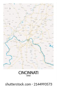 Poster Cincinnati - Ohio Map.Road Map. Illustration Of Cincinnati - Ohio Streets. Transportation Network. Printable Poster Format.