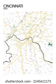 Poster Cincinnati - Ohio Map.Road Map. Illustration Of Cincinnati - Ohio Streets. Transportation Network. Printable Poster Format.