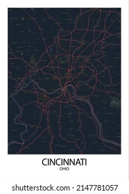 Poster Cincinnati - Ohio Map.Road Map. Illustration Of Cincinnati - Ohio Streets. Transportation Network. Printable Poster Format.