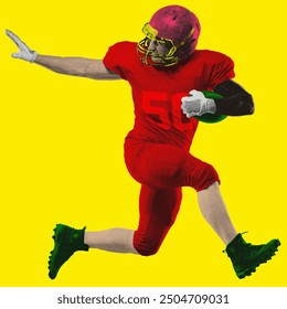 Poster. Contemporary art collage. Football player in red uniform and helmet leaps forward, holding ball against bright yellow background. Concept of sport, tournament, competition, action. Ad - Powered by Shutterstock