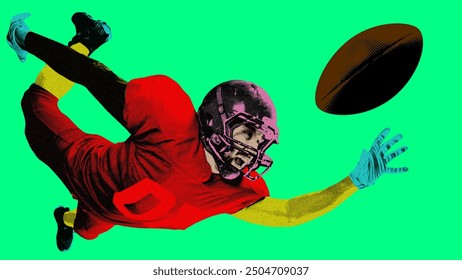 Poster. Contemporary art collage. Football player in uniform and helmet dives to catch ball against vibrant green background. Concept of sport, tournament, competition, action. Ad - Powered by Shutterstock