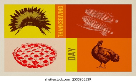 Poster. Contemporary art collage. Grid layout with bright contrasting colors highlights Thanksgiving symbols. Retro halftone effect. Concept of harvest season, celebration, Thanksgiving day. Ad - Powered by Shutterstock