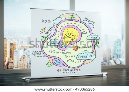 Poster with creative light bulb sketch in room with wooden floor and panoramic window with city view. Idea concept. 3D Rendering
