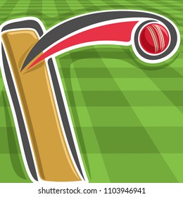 Poster For Cricket Sport: Bat Hitting Red Ball On Green Checkered Grass Pattern, Ball Flying On Curve Trajectory Above Playing Pitch Field, Graphic Background For Title Text On Cricket Theme.