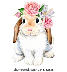 poster, cute bunny with roses flowers on an isolated white background, animals illustration