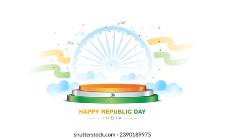 Poster design for Republic Day of India. Tricolor podium with Indian tricolor flag background.
