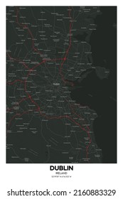 Poster Dublin - Ireland Map. Illustration Of Dublin - Ireland Streets. Road Map. Transportation Network.