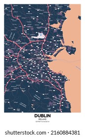 Poster Dublin - Ireland Map. Illustration Of Dublin - Ireland Streets. Road Map. Transportation Network.