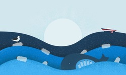 Poster With Ecological Theme: Plastic Pollution In The Ocean. The Whale With Plastic Bottles In Stomach, The Seabird Sitting On Flowing Plastic Bottle. Shades Of Blue.