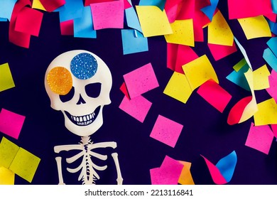 Poster Or Flyer For Halloween, Modern And Black Humor With Skeleton And Post It