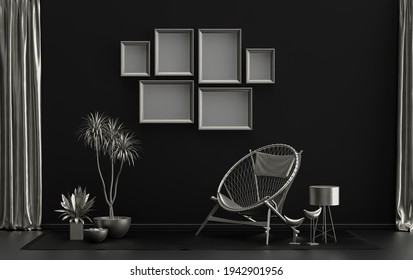 Poster frame background room in flat black and metallic silver color with 6 frames on the wall, solid monochrome background for gallery wall mockup, 3d rendering, pastel color room