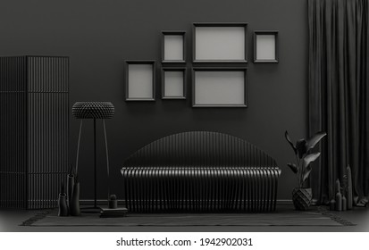 Poster frame background room in flat black and dark gray color with 6 frames on the wall, solid monochrome background for gallery wall mockup, 3d rendering, pastel color room