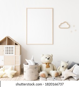 Poster frame mock up in child bedroom, Scandinavian unisex nursery design, 3d render, 3d illustration