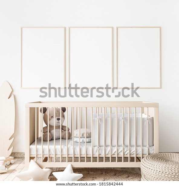 Poster frame mock up in child\
bedroom, Scandinavian unisex nursery design, 3d render, 3d\
illustration