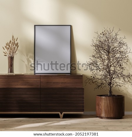 poster frame mock up on wooden chest of drawers in living room home interior with dried  grass plants, 3d rendering Photo stock © 