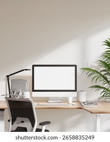 Poster Frame Mockup with Computer Screen in Modern Minimalist Home Office Interior