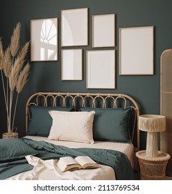 Poster frame mockup in dark blue bedroom interior background with rattan furniture, 3d render