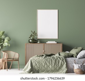 Poster Frame Mockup In Farmhouse Bedroom, Green Room Interior Design With Natural Wooden Furniture,  3d Render, 3d Illustration