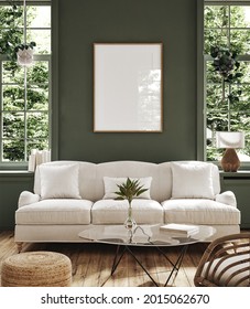 Poster frame mock-up in home interior background with sofa, table and decor in living room, 3d render