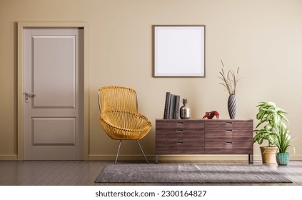 Poster frame mockup interior scene. A single square poster frame on the wall. wide shot interior room with furniture and single exterior door. 3d rendering.Nobody.