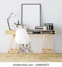 Poster Frame Mockup Interior Workspace with Decorations – 3d Illustration, 3d Rendering