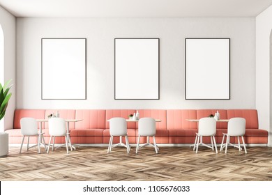 Poster Gallery In A Modern Restaurant Interior With Pink Sofas, White Chairs And Round Tables. 3d Rendering Mock Up