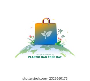 Poster of International Plastic Bag Free Day. Stop plastic bag use biodegradable shopping paper bag with globe earth background. - Powered by Shutterstock