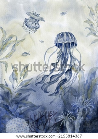 Poster with Jellyfish. Sea life. Watercolor illustration.