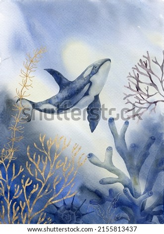 Poster with Killer Whale. Sea life. Watercolor illustration.